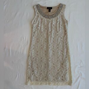 R&M Richards Cream Lace Mini Dress with Embellished Neckline